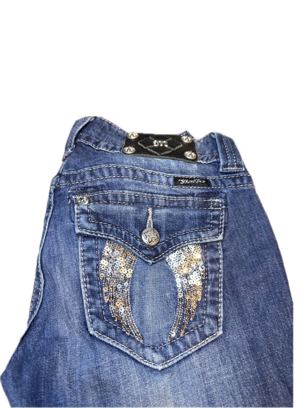 Miss Me Sequined Angel Wings Pocket -   Dark Blue Women's Jeans